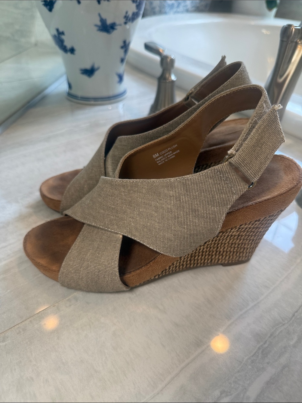 AEROSOLES Taupe Linen Crisscross Slingback Wedge Sandals